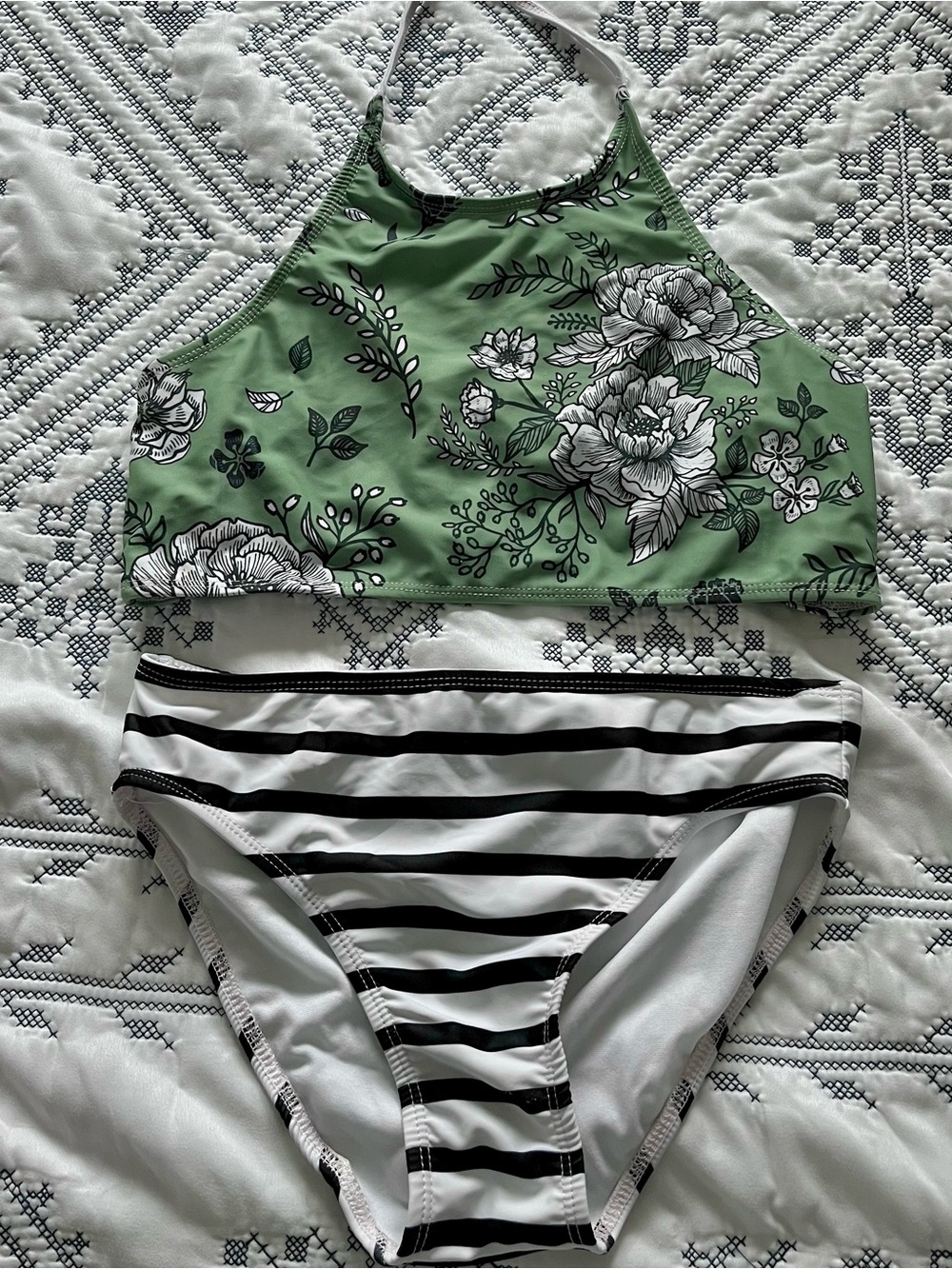 Girls' Green Floral Halter Bikini Top with Black & White Stripe Bottom